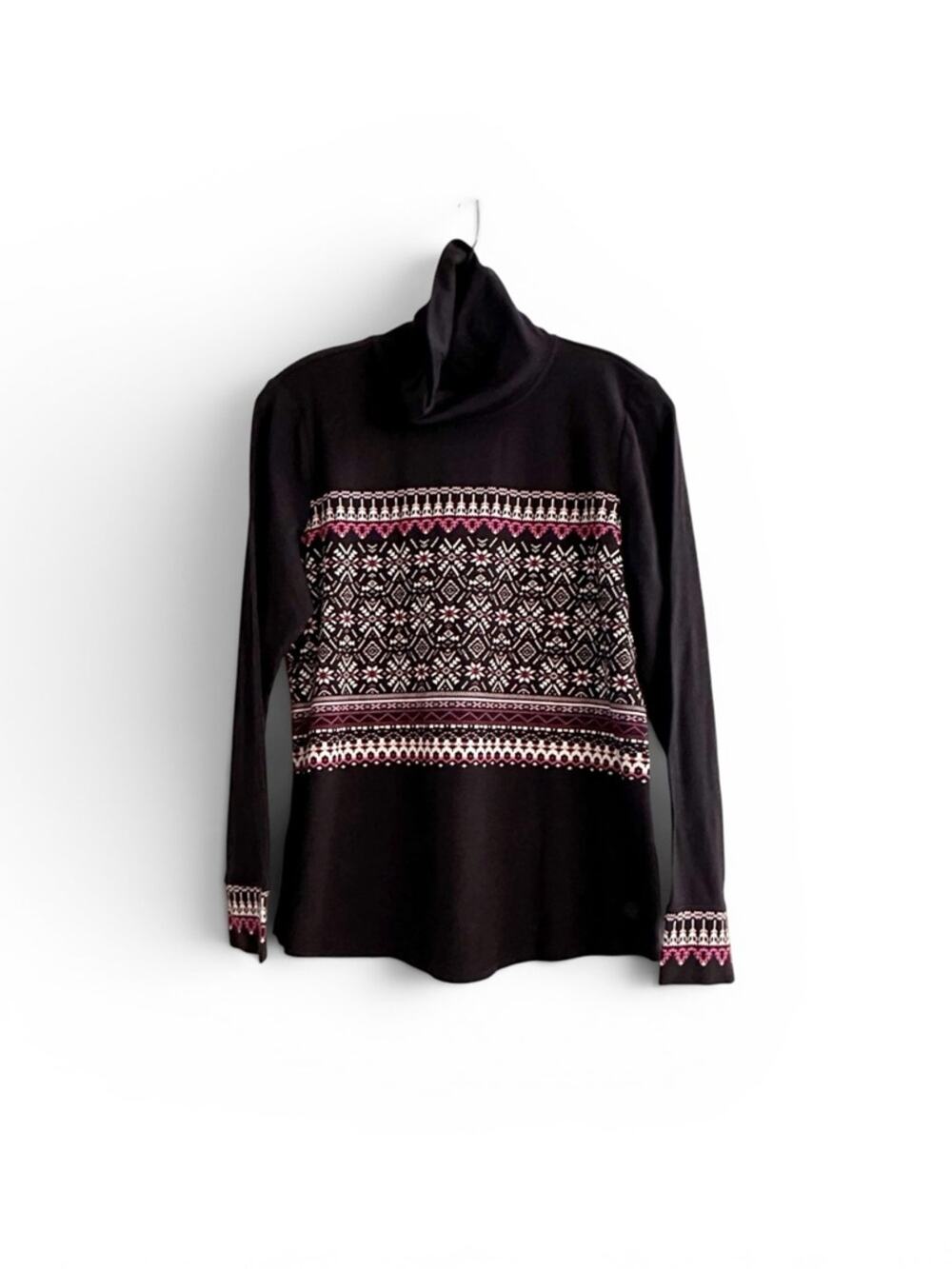 Talbots Snowflake Long Sleeve Turtleneck Black White Pink MP Medium Petite NWT